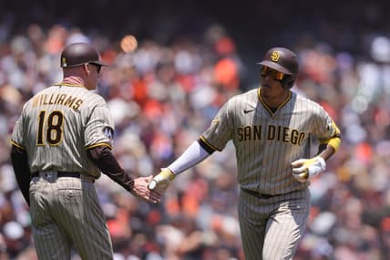 Jun 22, 2023; San Francisco, California, USA;  San Diego Padres third baseman Manny Machado (13) rounds the bases after hitting a three run home run during the third inning against the San Francisco Giants at Oracle Park. Mandatory Credit: Sergio Estrada-USA TODAY Sports