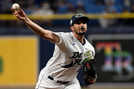 Jun 23, 2023; St. Petersburg, Florida, USA; Tampa Bay Rays pitcher Zach Eflin (24) throws a pitch in the first inning against the Kansas City Royals at Tropicana Field. Mandatory Credit: Jonathan Dyer-USA TODAY Sports
