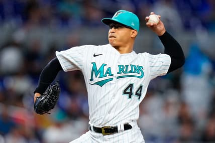 Jun 23, 2023; Miami, Florida, USA; Miami Marlins starting pitcher Jesus Luzardo (44) throws a pitch against the Pittsburgh Pirates during the first inning at loanDepot Park. Mandatory Credit: Rich Storry-USA TODAY Sports