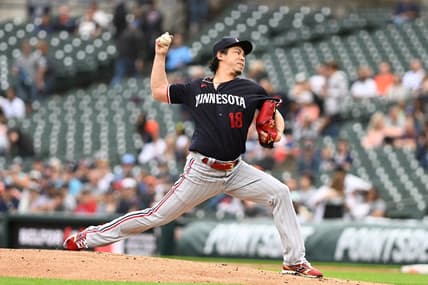 Jun 23, 2023; Detroit, Michigan, USA; Minnesota Twins starting pitcher Kenta Maeda (18) throws a pitch against the Detroit Tigers in the first inning at Comerica Park. Mandatory Credit: Lon Horwedel-USA TODAY Sports