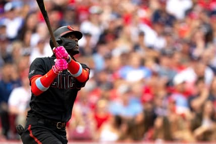Cincinnati Reds third base Elly De La Cruz (44) hits a 2-run home run in the third inning of the MLB baseball game between the Cincinnati Reds and the Atlanta Braves at Great American Ball Park in Cincinnati on Friday, June 23, 2023.