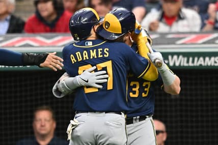 Jun 23, 2023; Cleveland, Ohio, USA; Milwaukee Brewers shortstop Willy Adames (27) celebrates with designated hitter Jesse Winker (33) after hitting a home run during the sixth inning against the Cleveland Guardians at Progressive Field. Mandatory Credit: Ken Blaze-USA TODAY Sports