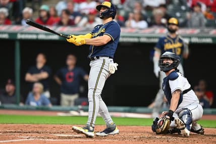 Jun 23, 2023; Cleveland, Ohio, USA; Milwaukee Brewers shortstop Willy Adames (27) and Cleveland Guardians catcher Cam Gallagher (35) watch the flight of the home run hit by Adames during the sixth inning at Progressive Field. Mandatory Credit: Ken Blaze-USA TODAY Sports