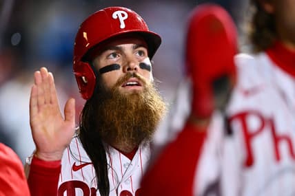 Jun 23, 2023; Philadelphia, Pennsylvania, USA; Philadelphia Phillies outfielder Brandon Marsh (16) celebrates in the dugout after scoring against the New York Mets in the sixth inning at Citizens Bank Park. Mandatory Credit: Kyle Ross-USA TODAY Sports