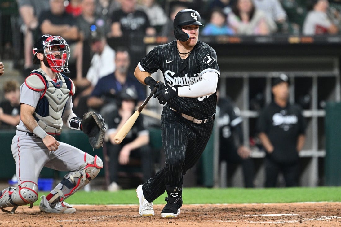 Jun 23, 2023; Chicago, Illinois, USA; Chicago White Sox infielder Gavin Sheets (32) bats in the eighth inning against the Boston Red Sox at Guaranteed Rate Field. Mandatory Credit: Jamie Sabau-USA TODAY Sports