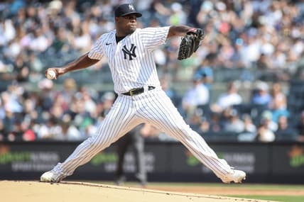 Jun 24, 2023; Bronx, New York, USA; New York Yankees starting pitcher Luis Severino (40) pitches in the first inning against the Texas Rangers at Yankee Stadium. Mandatory Credit: Wendell Cruz-USA TODAY Sports