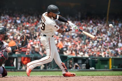 Jun 24, 2023; San Francisco, California, USA; San Francisco Giants outfielder Luis Matos (29) hits a single against the Arizona Diamondbacks during the fourth inning at Oracle Park. Mandatory Credit: Robert Edwards-USA TODAY Sports