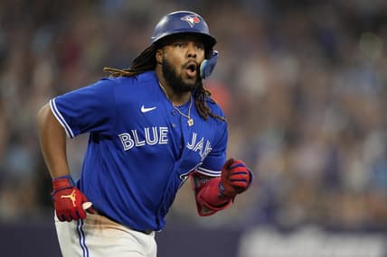 Jun 24, 2023; Toronto, Ontario, CAN; Toronto Blue Jays first baseman Vladimir Guerrero Jr. (27) reacts after hitting a two run home run against the Oakland Athletics during the sixth inning at Rogers Centre. Mandatory Credit: John E. Sokolowski-USA TODAY Sports