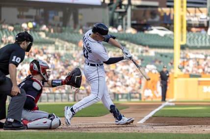 Jun 24, 2023; Detroit, Michigan, USA; Detroit Tigers first baseman Spencer Torkelson (20) swings and makes contact in the first inning against the Minnesota Twins at Comerica Park. Mandatory Credit: David Reginek-USA TODAY Sports