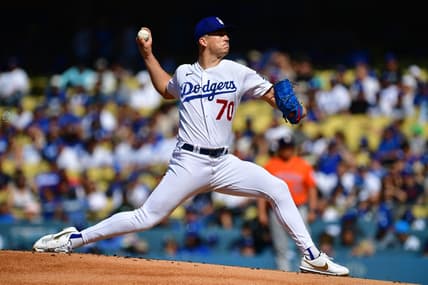 Jun 24, 2023; Los Angeles, California, USA; Los Angeles Dodgers starting pitcher Bobby Miller (70) throws against the Houston Astros during the first inning at Dodger Stadium. Mandatory Credit: Gary A. Vasquez-USA TODAY Sports