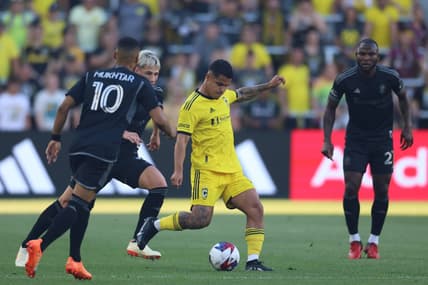Jun 24, 2023; Columbus, Ohio, USA; Columbus Crew SC forward Cucho Hernandez (9) shoots the ball during the first half at Lower.com Field. Mandatory Credit: Trevor Ruszkowski-USA TODAY Sports