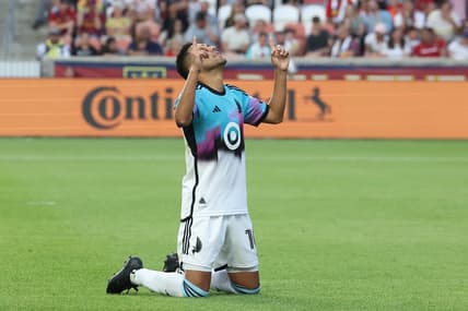 Jun 24, 2023; Sandy, Utah, USA; Minnesota United FC midfielder Emanuel Reynoso (10) celebrates scoring a goal against Real Salt Lake in the first half at America First Field. Mandatory Credit: Rob Gray-USA TODAY Sports