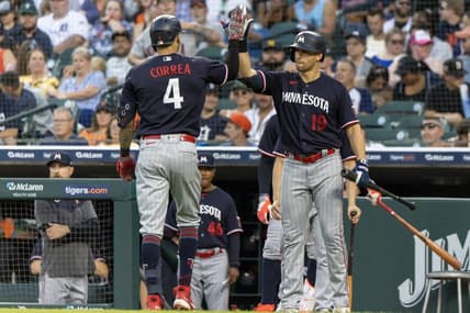 Jun 24, 2023; Detroit, Michigan, USA; Minnesota Twins shortstop Carlos Correa (4) high fives first baseman Alex Kirilloff (19) after his solo home run against the Detroit Tigers at Comerica Park. Mandatory Credit: David Reginek-USA TODAY Sports