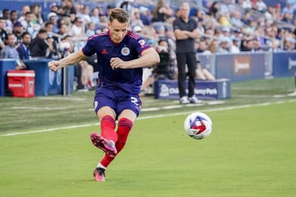 Jun 24, 2023; Kansas City, Kansas, USA; Chicago Fire midfielder Fabian Herbers (21) kicks a shot on goal against Sporting Kansas City during the first half at Children's Mercy Park. Mandatory Credit: Denny Medley-USA TODAY Sports