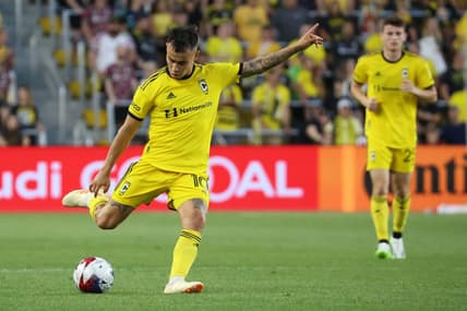 Jun 24, 2023; Columbus, Ohio, USA; Columbus Crew SC midfielder Lucas Zelarrayan (10) shoots the ball during the second half at Lower.com Field. Mandatory Credit: Trevor Ruszkowski-USA TODAY Sports
