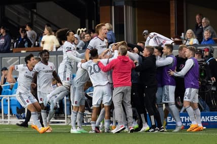 Jun 24, 2023; San Jose, California, USA;  St. Louis City FC celebrates after scoring a goal during the first half against the San Jose Earthquakes at PayPal Park. Mandatory Credit: Stan Szeto-USA TODAY Sports