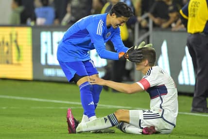 Jun 24, 2023; Los Angeles, California, USA; Vancouver Whitecaps goalkeeper Yohei Takaoka (18) celebrates with defender Ranko Veselinovic (4) after defeating the Los Angeles FC at BMO Stadium. Mandatory Credit: Jayne Kamin-Oncea-USA TODAY Sports