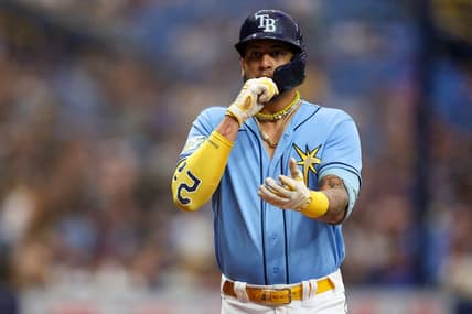Jun 25, 2023; St. Petersburg, Florida, USA;  Tampa Bay Rays center fielder Jose Siri (22) runs the bases after hitting a solo home run against the Kansas City Royals in the third inning at Tropicana Field. Mandatory Credit: Nathan Ray Seebeck-USA TODAY Sports