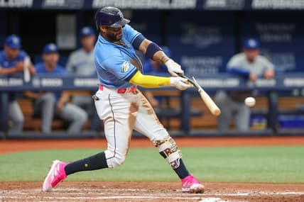 Jun 25, 2023; St. Petersburg, Florida, USA;  Tampa Bay Rays first baseman Yandy Diaz (2) hits a single against the Kansas City Royals in the fifth inning at Tropicana Field. Mandatory Credit: Nathan Ray Seebeck-USA TODAY Sports