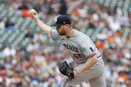 Jun 25, 2023; Detroit, Michigan, USA; Minnesota Twins relief pitcher Brock Stewart (61) pitches in the eighth inning against the Detroit Tigers at Comerica Park. Mandatory Credit: Rick Osentoski-USA TODAY Sports