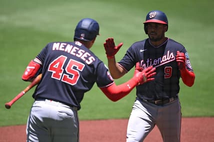 Jun 25, 2023; San Diego, California, USA; Washington Nationals third baseman Jeimer Candelario (9) is congratulated by designated hitter Joey Meneses (45) after hitting a home run against the San Diego Padres during the first inning at Petco Park. Mandatory Credit: Orlando Ramirez-USA TODAY Sports