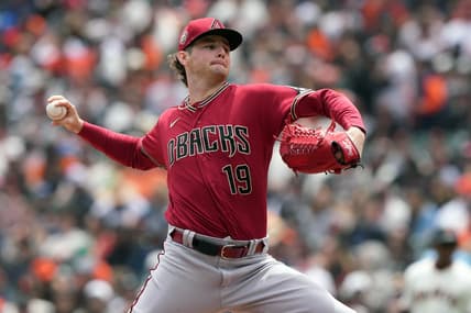 Jun 25, 2023; San Francisco, California, USA; Arizona Diamondbacks starting pitcher Ryne Nelson (19) throws a pitch against the San Francisco Giants during the first inning at Oracle Park. Mandatory Credit: Darren Yamashita-USA TODAY Sports