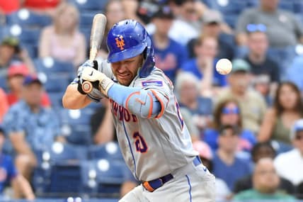 Jun 25, 2023; Philadelphia, Pennsylvania, USA; New York Mets first baseman Pete Alonso (20) is hit by a pitch against the Philadelphia Phillies during the ninth inning at Citizens Bank Park. Mandatory Credit: Eric Hartline-USA TODAY Sports