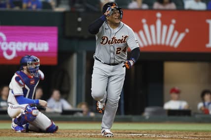Jun 26, 2023; Arlington, Texas, USA; Detroit Tigers designated hitter Miguel Cabrera (24) hits a single in the sixth inning against the Texas Rangers at Globe Life Field. Mandatory Credit: Tim Heitman-USA TODAY Sports