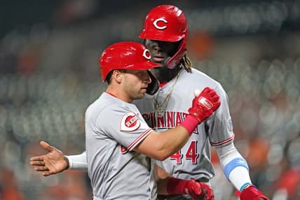 Jun 26, 2023; Baltimore, Maryland, USA; Cincinnati Reds outfielder Spencer Steer (7) greeted by third baseman Elly De La Cruz (44) following his two run home run in the sixth inning against the Baltimore Orioles at Oriole Park at Camden Yards. Mandatory Credit: Mitch Stringer-USA TODAY Sports
