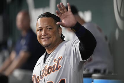 Jun 27, 2023; Arlington, Texas, USA; Detroit Tigers designated hitter Miguel Cabrera (24) waves to fans from the dugout during the first inning against the Texas Rangers at Globe Life Field. Mandatory Credit: Jim Cowsert-USA TODAY Sports