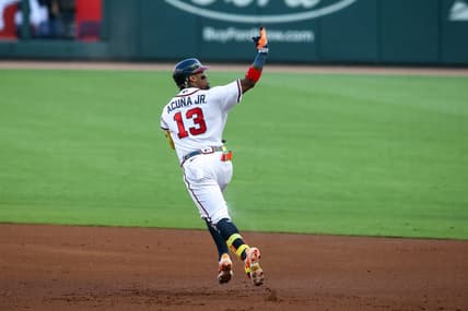 Jun 27, 2023; Atlanta, Georgia, USA; Atlanta Braves right fielder Ronald Acuna Jr. (13) reacts after a home run against the Minnesota Twins in the first inning at Truist Park. Mandatory Credit: Brett Davis-USA TODAY Sports