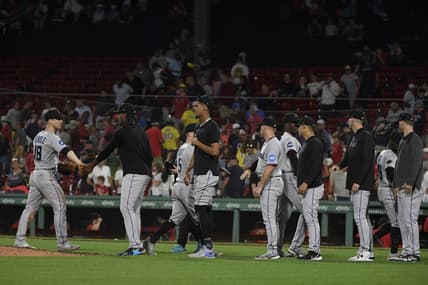 Jun 27, 2023; Boston, Massachusetts, USA; The Miami Marlins celebrate after defeating the Boston Red Sox at Fenway Park. Mandatory Credit: Bob DeChiara-USA TODAY Sports
