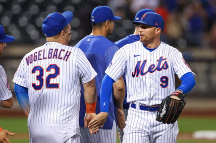 Jun 27, 2023; New York City, New York, USA;  New York Mets center fielder Brandon Nimmo (9) celebrates with designated hitter Daniel Vogelbach (32) after defeating the Milwaukee Brewers at Citi Field. Mandatory Credit: Vincent Carchietta-USA TODAY Sports