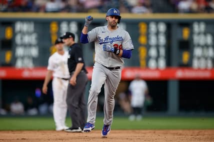 Jun 27, 2023; Denver, Colorado, USA; Los Angeles Dodgers designated hitter J.D. Martinez (28) gestures as he rounds the bases on a solo home run in the sixth inning against the Colorado Rockies at Coors Field. Mandatory Credit: Isaiah J. Downing-USA TODAY Sports