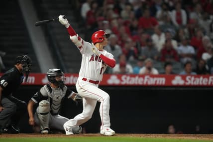 Jun 27, 2023; Anaheim, California, USA; Los Angeles Angels starting pitcher Shohei Ohtani (17) follows through on a home run in the seventh inning against the Chicago White Sox at Angel Stadium. Mandatory Credit: Kirby Lee-USA TODAY Sports