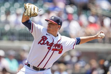 Jun 28, 2023; Cumberland, Georgia, USA; Atlanta Braves starting pitcher Kolby Allard (49) pitches against the Minnesota Twins during the second inning at Truist Park. Mandatory Credit: Dale Zanine-USA TODAY Sports