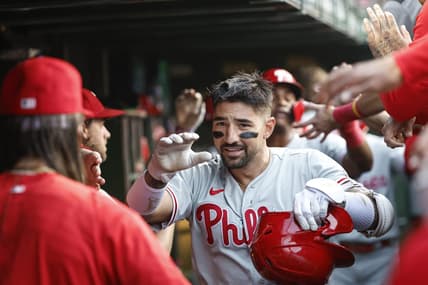 Jun 28, 2023; Chicago, Illinois, USA; Philadelphia Phillies right fielder Nick Castellanos (8) celebrates with teammates after hitting a three-run home run against the Chicago Cubs during the second inning at Wrigley Field. Mandatory Credit: Kamil Krzaczynski-USA TODAY Sports