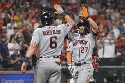 Jun 28, 2023; St. Louis, Missouri, USA; Houston Astros second baseman Jose Altuve (27) is congratulated by Houston Astros center fielder Jake Meyers (6) after Altuve hits a three-run home run against the St. Louis Cardinals in the eighth inning at Busch Stadium. Mandatory Credit: Joe Puetz-USA TODAY Sports