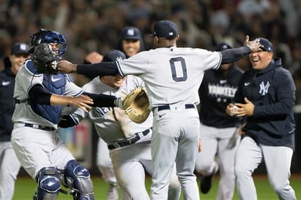 Jun 28, 2023; Oakland, California, USA;  New York Yankees starting pitcher Domingo German (0) celebrates with teammates after pitching a perfect game against the Oakland Athletics at Oakland-Alameda County Coliseum. It was the first perfect game in MLB since 2012 and the fourth perfect game in franchise history. Mandatory Credit: Stan Szeto-USA TODAY Sports