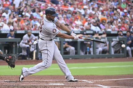 Jun 29, 2023; St. Louis, Missouri, USA; Houston Astros first baseman Jose Abreu (79) hits a two-run double against the St. Louis Cardinals in the second inning at Busch Stadium. Mandatory Credit: Joe Puetz-USA TODAY Sports
