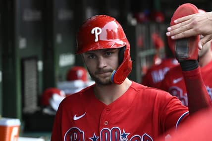 Jun 29, 2023; Chicago, Illinois, USA;  Philadelphia Phillies shortstop Trea Turner (7) celebrates in the dugout after scoring against the Chicago Cubs during the third inning at Wrigley Field. Mandatory Credit: Matt Marton-USA TODAY Sports