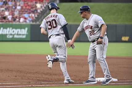 Jun 29, 2023; St. Louis, Missouri, USA; Houston Astros right fielder Kyle Tucker (30) is congratulated by Houston Astros first base coach Omar L pez (22) after Tucker hits a three-run home run against the St. Louis Cardinals in the sixth inning at Busch Stadium. Mandatory Credit: Joe Puetz-USA TODAY Sports