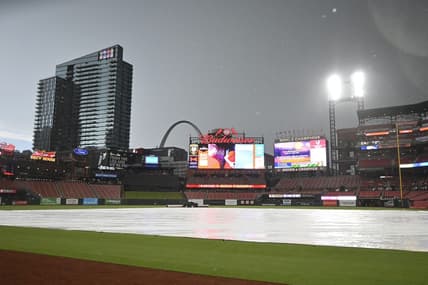Jun 30, 2023; St. Louis, Missouri, USA; A general view of Busch Stadium during a rain delay prior to the game between the St. Louis Cardinals and the New York Yankees at Busch Stadium. Mandatory Credit: Joe Puetz-USA TODAY Sports