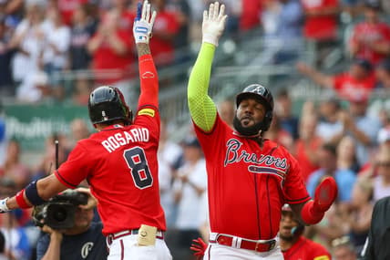 Jun 30, 2023; Atlanta, Georgia, USA; Atlanta Braves left fielder Eddie Rosario (8) celebrates after a home run with designated hitter Marcell Ozuna (20) against the Miami Marlins in the first inning at Truist Park. Mandatory Credit: Brett Davis-USA TODAY Sports