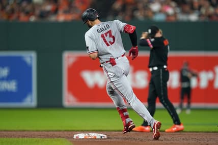 Jun 30, 2023; Baltimore, Maryland, USA; Minnesota Twins outfielder Joey Gallo (13) rounds the bases following his solo home run in the second inning against the Baltimore Orioles at Oriole Park at Camden Yards. Mandatory Credit: Mitch Stringer-USA TODAY Sports