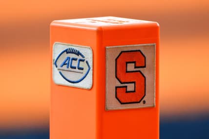 Sep 18, 2021; Syracuse, New York, USA; Detailed view of an end zone marker with the Atlantic Coast Conference and Syracuse Orange logos prior to the game between the against the Albany Great Danes and the Syracuse Orange at the Carrier Dome. Mandatory Credit: Rich Barnes-USA TODAY Sports