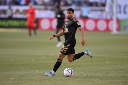 Apr 9, 2022; Carson, California, USA; Los Angeles FC midfielder Ismael Tajouri (19) controls the ball against Los Angeles Galaxy in the first half of their Major League Soccer match at the StubHub Center. Mandatory Credit: Orlando Ramirez-USA TODAY Sports