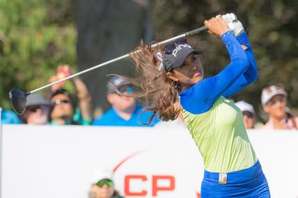 Aug 28, 2022; Ottawa, Ontario, CAN; Paula Reto from South Africa tees off frrom the 1st hole during the final round of the CP Women's Open golf tournament. Mandatory Credit: Marc DesRosiers-USA TODAY Sports