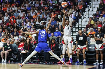 Sep 18, 2022; Uncasville, Connecticut, USA; Las Vegas Aces guard Riquna Williams (2) during game four of the 2022 WNBA Finals at Mohegan Sun Arena. Mandatory Credit: Wendell Cruz-USA TODAY Sports