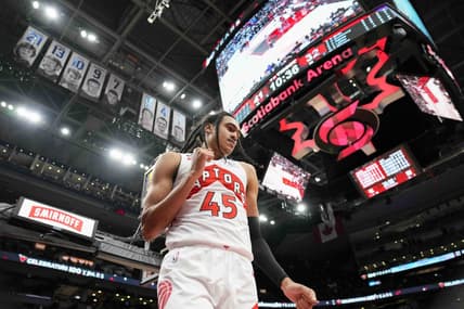 Oct 9, 2022; Toronto, Ontario, CAN; Toronto Raptors guard Dalano Banton (45) celebrates after scoring against the Chicago Bulls at Scotiabank Arena. Mandatory Credit: Kevin Sousa-USA TODAY Sports